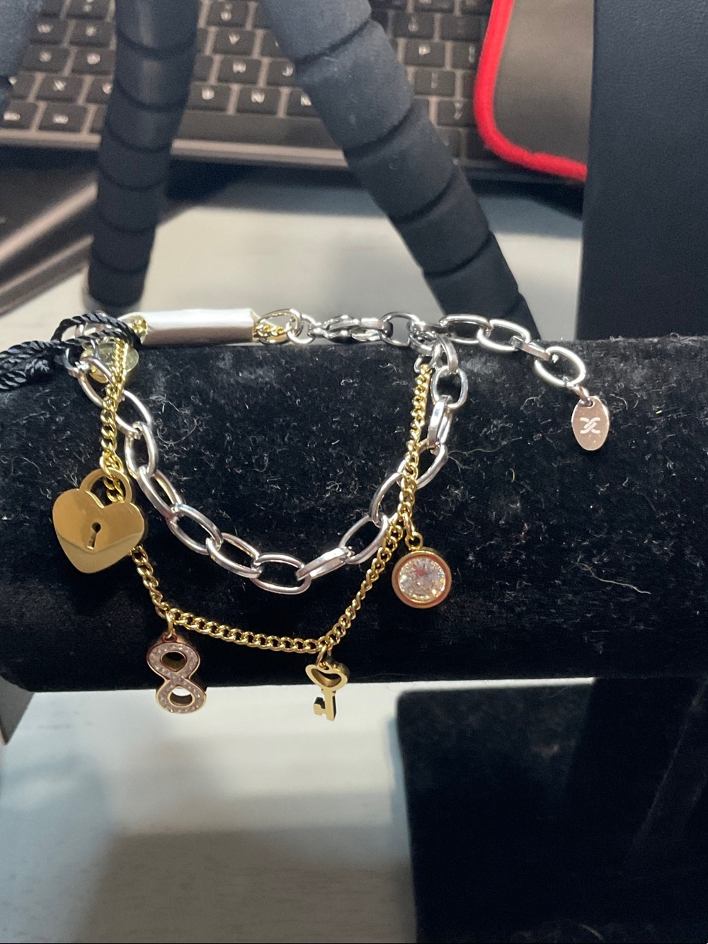 Mixed Metal Charm Bracelet with Gold Hearts and Crystal Accent